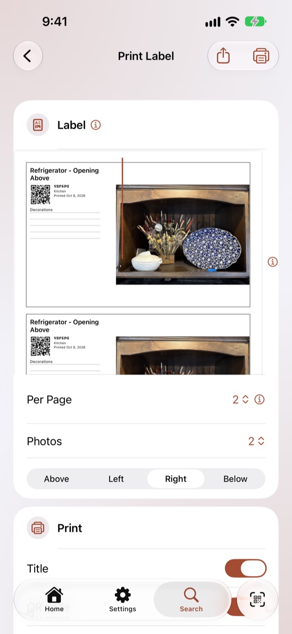 A drawer label with its QR code, title and photo, previewed before printing.